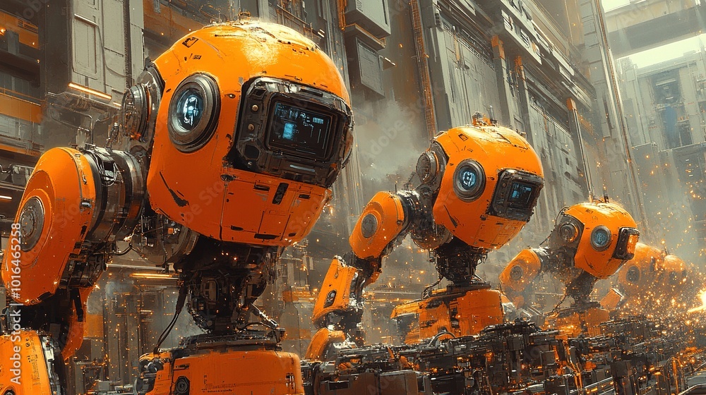 Orange Robots in a Futuristic City Orange Robots in a Futuristic City