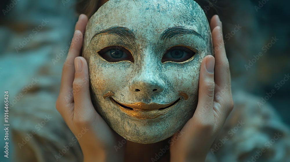 a sad person holding a smiley mask symbolizing hiding true emotions behind a happy facade main objects mask hands.stock image a sad person holding a smiley mask symbolizing hiding true emotions behind a happy facade main objects mask hands.stock image
