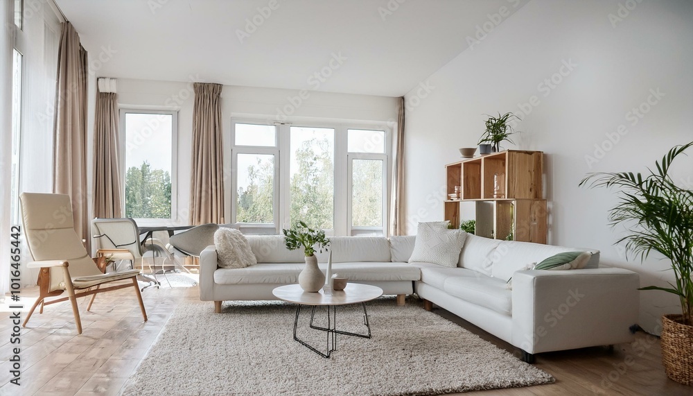 Fototapeta premium Nice scandinavian bright modern living room with white walls