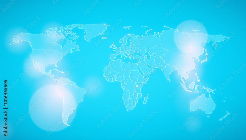 World Map on Blue Background with Soft Light Effects World Map on Blue Background with Soft Light Effects