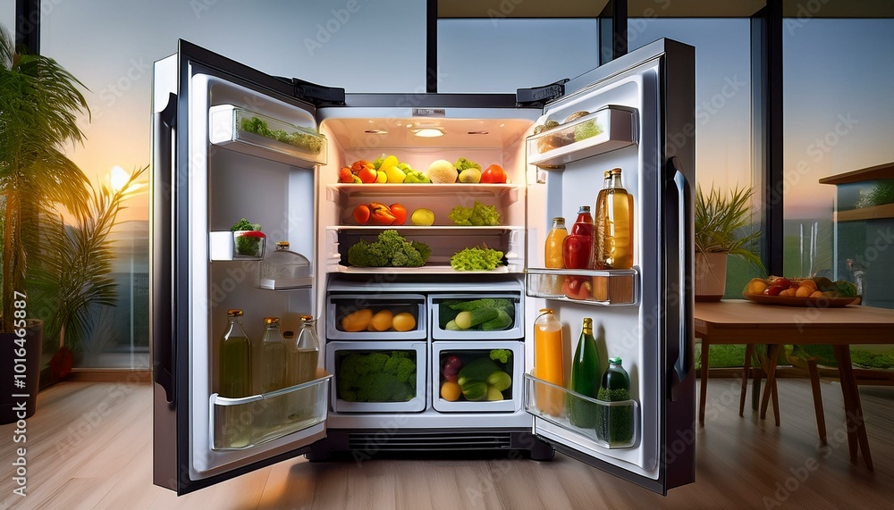 Photorealistic image showcasing an opened kitchen fridge Photorealistic image showcasing an opened kitchen fridge