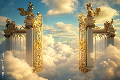 Ethereal shiny golden heaven gates or door in the heaven sky