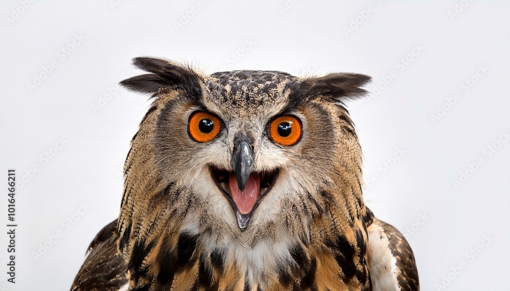 portrait of an eagle owl with open mouth seen from the front on a white background portrait of an eagle owl with open mouth seen from the front on a white background