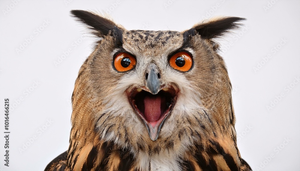 Fototapeta premium portrait of an eagle owl with open mouth seen from the front on a white background