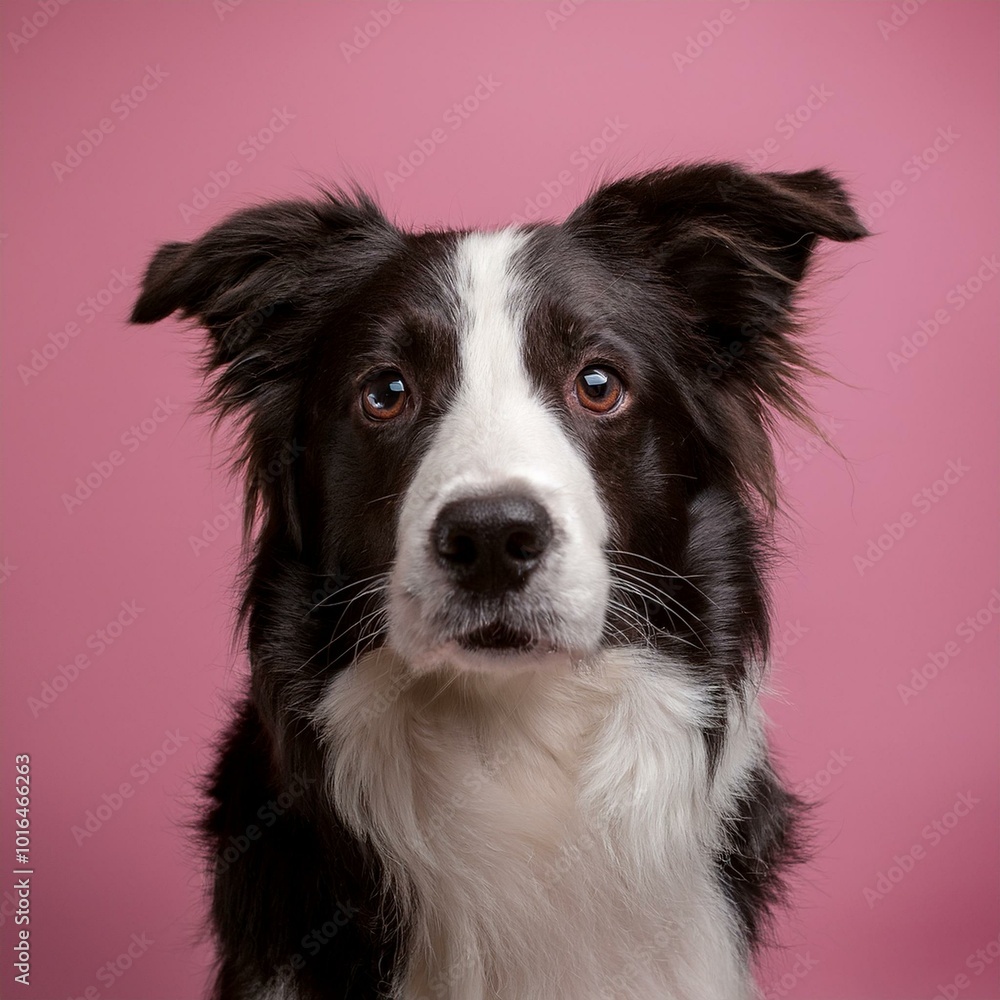portrait of border collie looking in a camera on a pink background portrait of border collie looking in a camera on a pink background