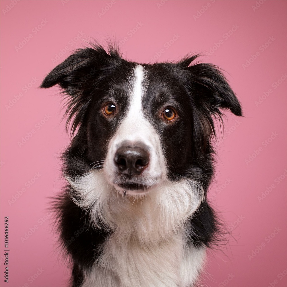 portrait of border collie looking in a camera on a pink background portrait of border collie looking in a camera on a pink background