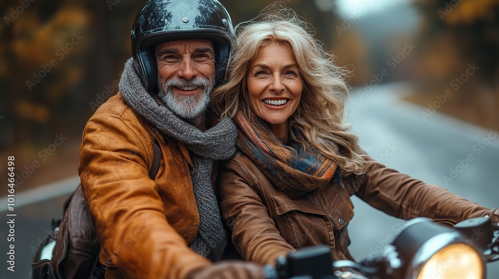 a senior couple travellers in love,motorbike in countryside.stock image a senior couple travellers in love,motorbike in countryside.stock image