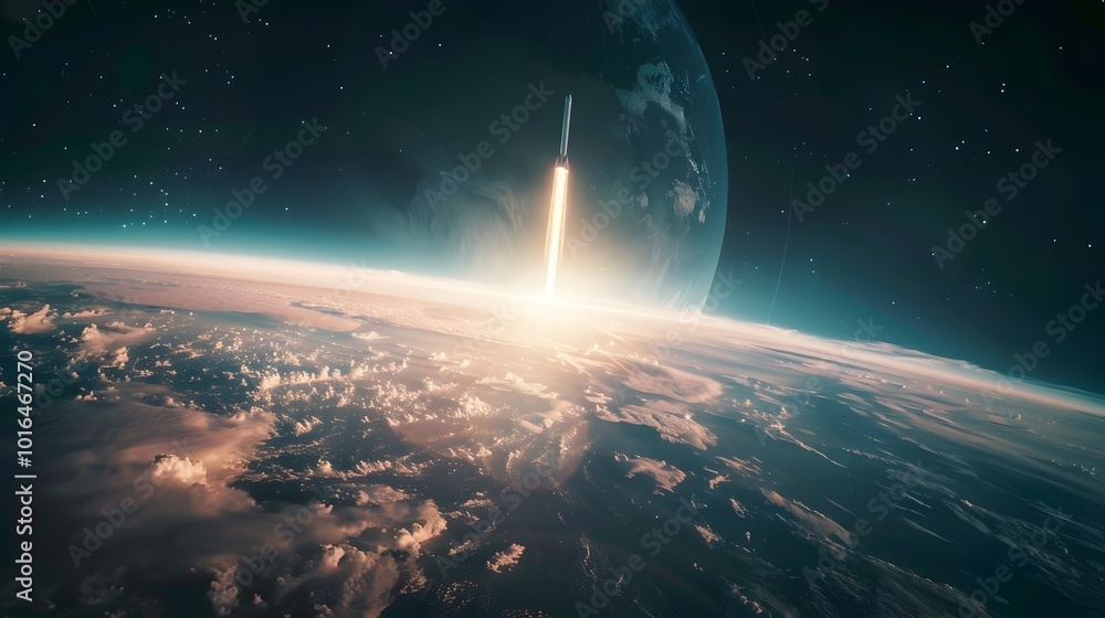 Obraz premium Rocket Bursting Through Earth s Atmosphere Towards Orbital Journey