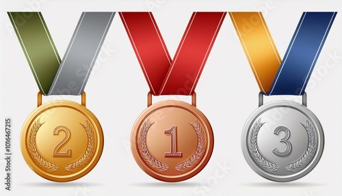 Set of realistic illustrations of gold, silver and bronze medals on ribbons. Sports competitions award first, second and third place isolated clip art pack. Championship award. Competition, winning photo