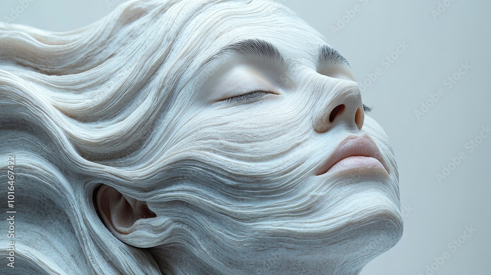 Naklejka premium a serene image depicting a partial view of a persons face in a state of mindfulness meditation seamlessly blended,tranquil wave patterns symbolizing peace and mental clarity.stock image