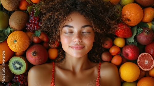 a serene woman lies amidst an array of colorful fresh fruits symbolizing a holistic health lifestyle,a closeup on her relaxed content face.create by F.a