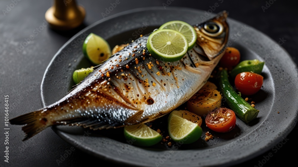 Grilled fish with vegetables and lime slices on a plate. Grilled fish with vegetables and lime slices on a plate.