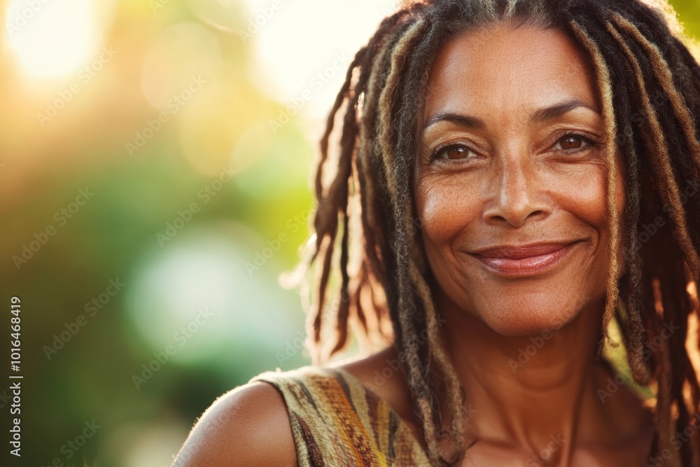 A Mature woman with dreadlocks Her eyes were warm and friendly as she smiled at the camera. It has a light background that highlights her natural beauty. A Mature woman with dreadlocks Her eyes were warm and friendly as she smiled at the camera. It has a light background that highlights her natural beauty.
