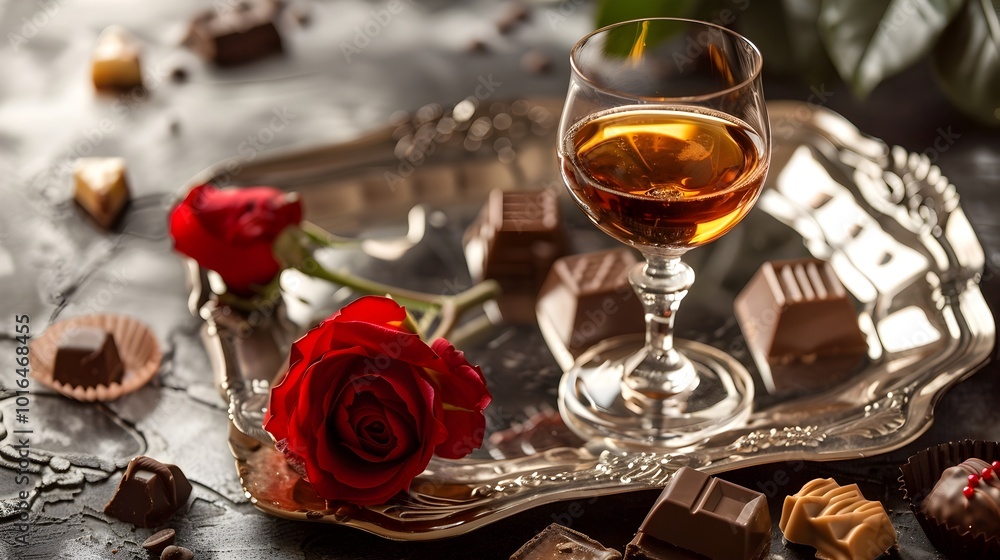 Fototapeta premium Luxurious Brandy and Gourmet Chocolate Arrangement with Red Rose on Silver Tray