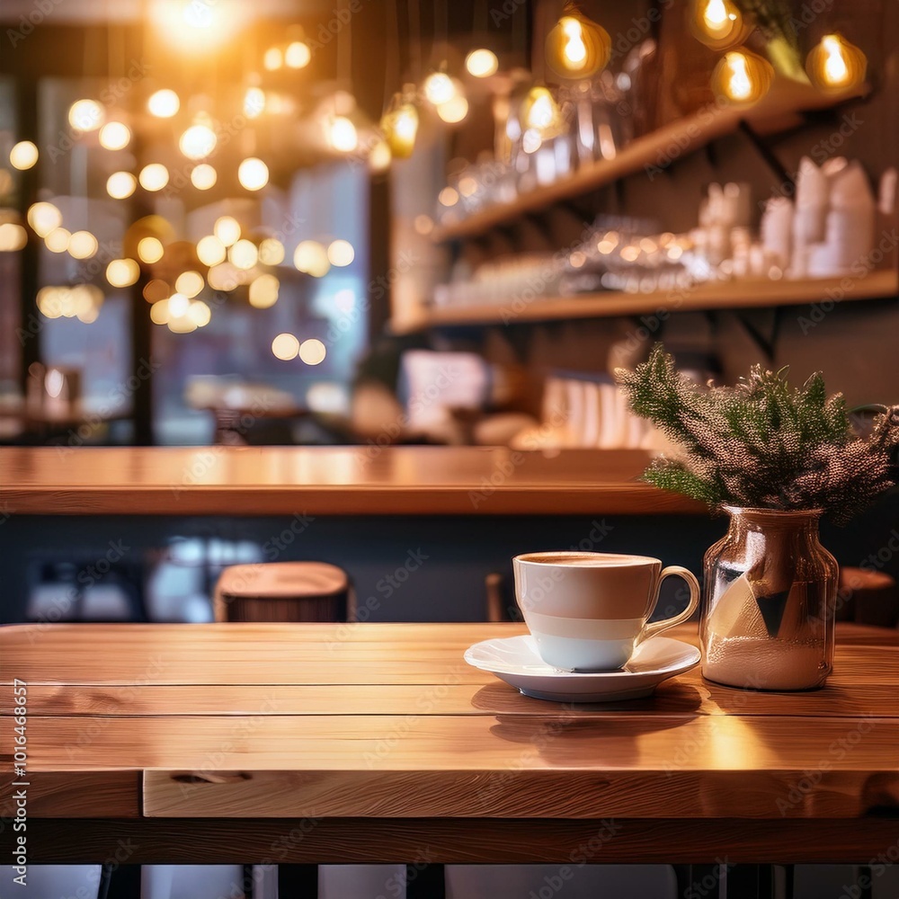 This stunning coffee shop photograph featuring a cozy shelf and table setup, perfect for a cafe or restaurant decor. The bokeh effect in the background adds a touch of magic to the scene