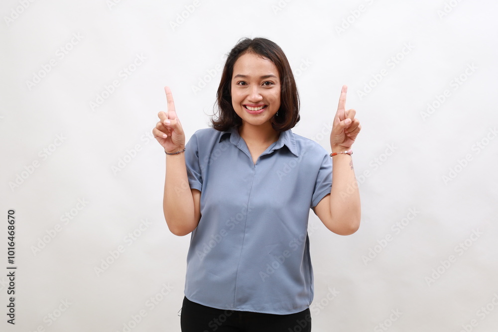 Amused asian woman introduce new product sharing promo with you, raise hands pointing fingers up smiling broadly, look excited and upbeat, enthusiastic advertising, stand white background Amused asian woman introduce new product sharing promo with you, raise hands pointing fingers up smiling broadly, look excited and upbeat, enthusiastic advertising, stand white background