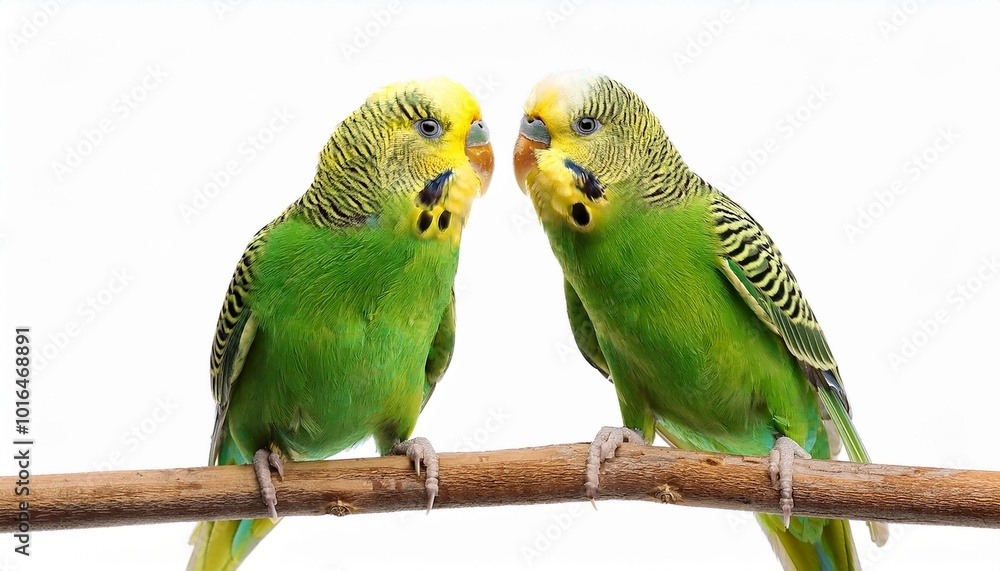 Obraz premium Two green parakeets on a branch isolated on white background