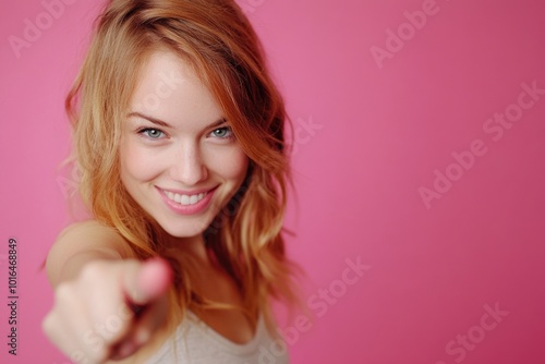 A beautiful young woman gestures towards the viewer in a bright and airy setting.