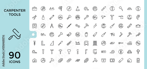 carpenter tools icons set. saw, wrench, Carpenter, tools, paint scale, driller, hammer and more, Outline icon collection for web and ui, Editable stroke, pixel perfect.