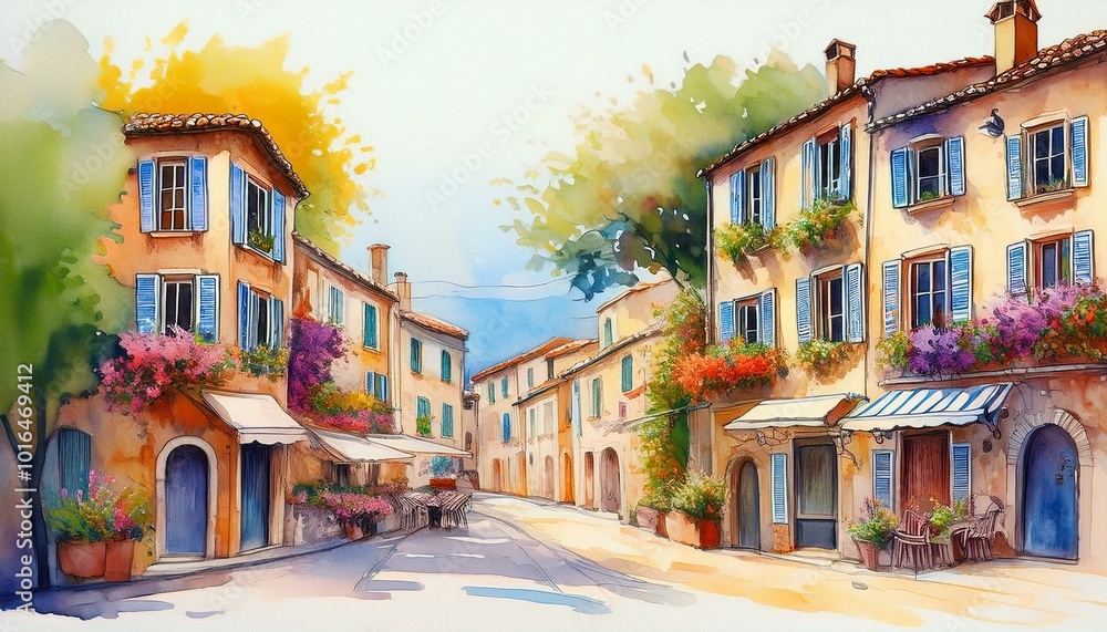 Fototapeta premium Watercolor Provence streets with windows and houses