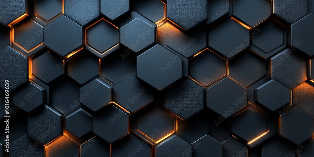 Floating hexagons with polygonal shapes in a dark, high-tech background, creating a mesmerizing metallic pattern Floating hexagons with polygonal shapes in a dark, high-tech background, creating a mesmerizing metallic pattern