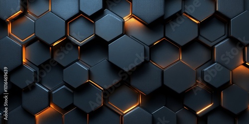 Floating hexagons with polygonal shapes in a dark, high-tech background, creating a mesmerizing metallic pattern