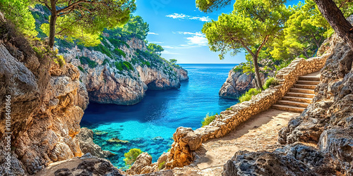 Fototapeta Naklejka Na Ścianę i Meble -  A beautiful beach with a blue ocean and a rocky path leading to it