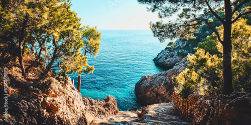 Fototapeta Naklejka Na Ścianę i Meble -  A beautiful beach with a rocky shoreline and a clear blue ocean