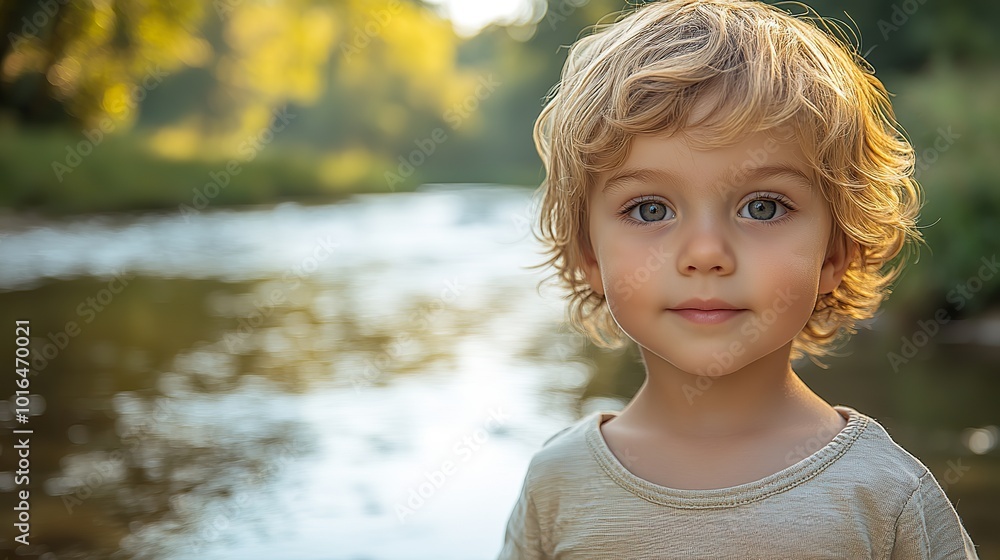 a small toddler boy standing outdoors by a river in summer looking at camera.create by F.a a small toddler boy standing outdoors by a river in summer looking at camera.create by F.a