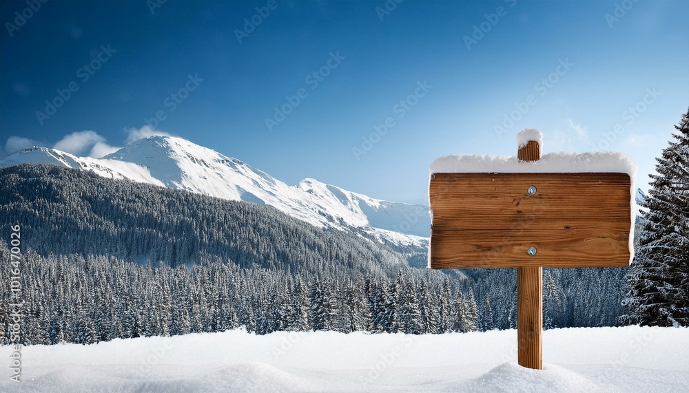 Naklejka premium Wooden sign board snow covered with copy space for text