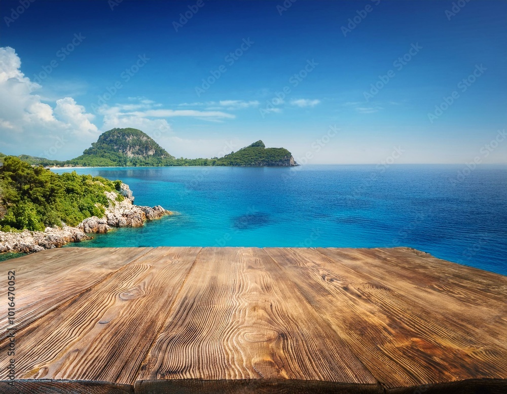 Wooden table on the background of the sea, island and the blue sky. High quality photo Wooden table on the background of the sea, island and the blue sky. High quality photo