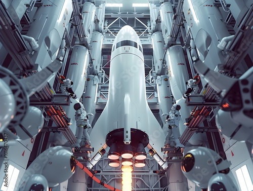 Fototapeta Naklejka Na Ścianę i Meble -  Sleek Modern Rocket Being Assembled in Futuristic High Tech Spaceport