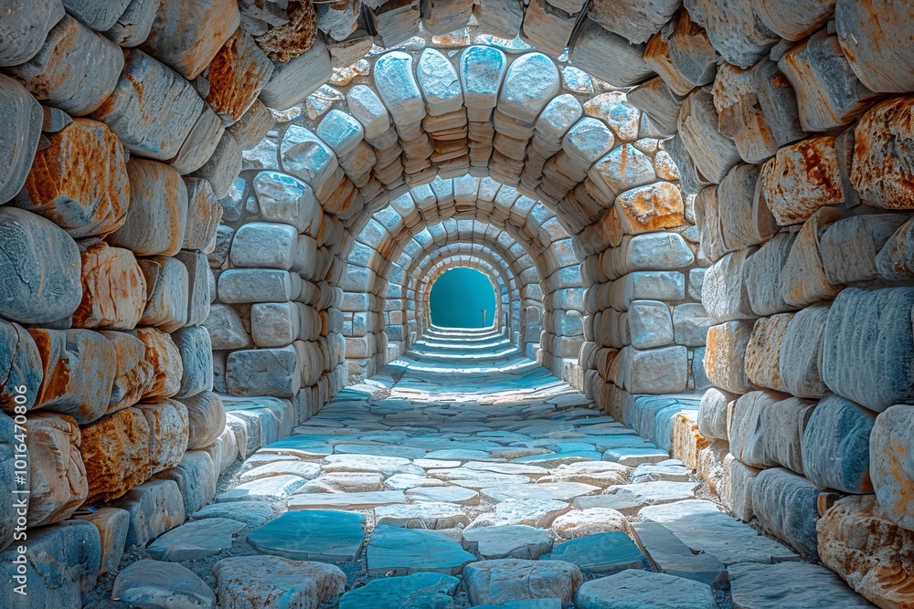 Fototapeta premium Stone tunnel corridor for city municipal services under road and mountain construction site