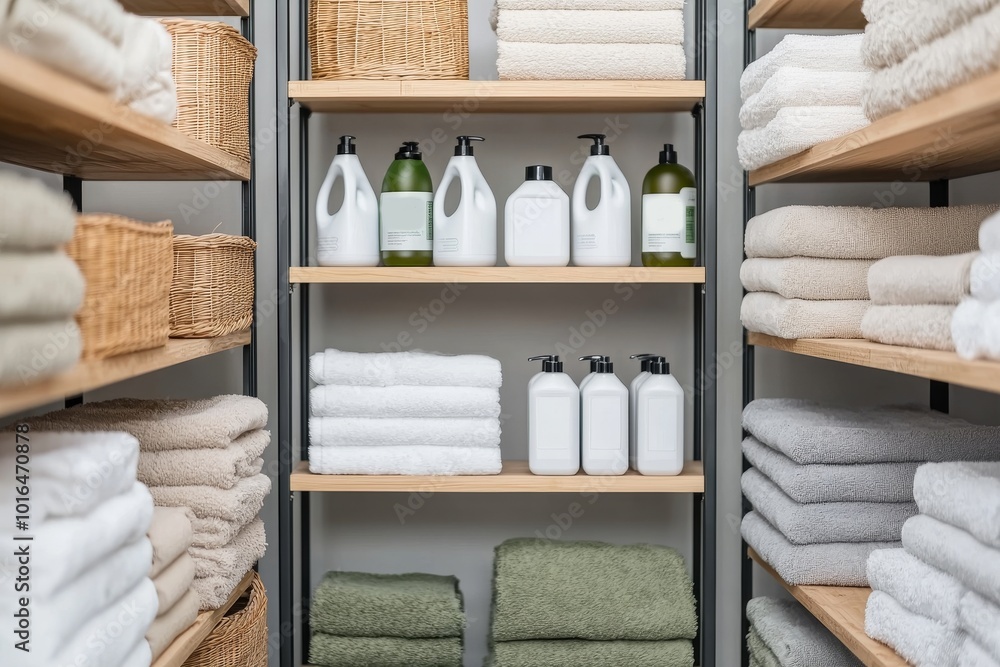 Neatly organized shelves with towels and cleaning supplies, modern interior Neatly organized shelves with towels and cleaning supplies, modern interior