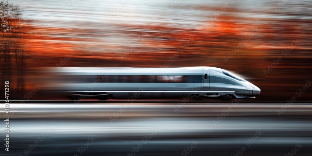 Dynamic high-speed train in motion, sleek design, blurred trees in background, showcasing modern transportation innovation, urban landscape. Dynamic high-speed train in motion, sleek design, blurred trees in background, showcasing modern transportation innovation, urban landscape.