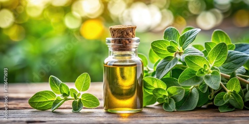 Aromatic essential oil bottle featuring fresh oregano leaves against a clean white backdrop, perfect for aromatherapy and natural remedies for enhancing well-being and relaxation.