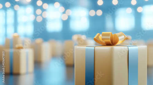 A beautifully wrapped gift box with a golden bow, set against a soft bokeh background, perfect for celebrations and holidays. photo