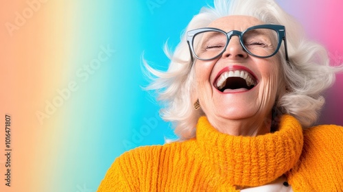 An elderly woman with white hair and glasses enjoys a hearty laugh in a vividly colored room, her orange outfit adding to the scene's energetic atmosphere. photo