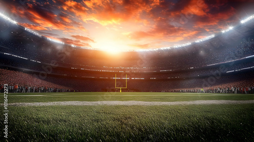 A Digital Illustration of a Packed Football Stadium at Sunset with a Goalpost in the Center of the Field