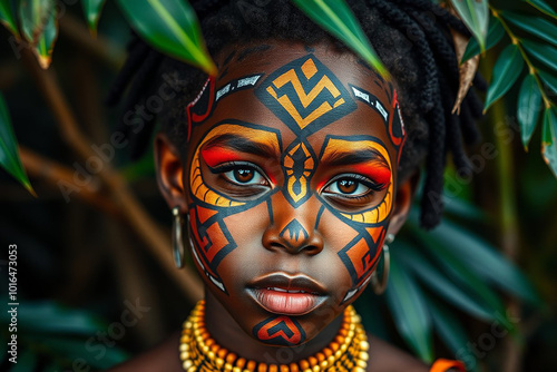 Portrait of young black girl with colorful painted faces