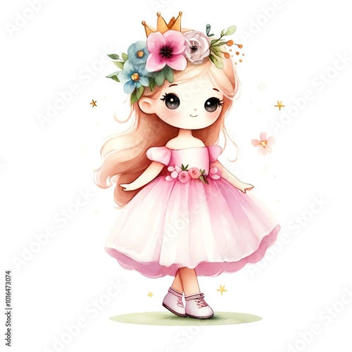 A charming young girl in a pink dress, adorned with flowers and a crown, radiates joy and innocence in a whimsical setting.