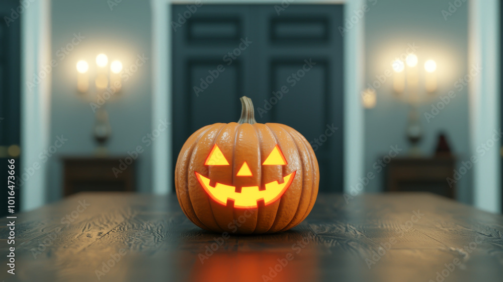 Fototapeta premium A glowing Halloween pumpkin with a cheerful face, set on a dark wooden table in an elegantly decorated room.