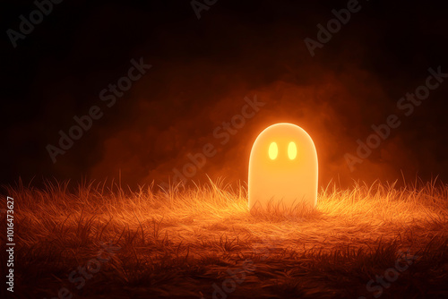 A glowing ghost figure illuminates a dark, foggy landscape, creating an eerie yet whimsical atmosphere. photo