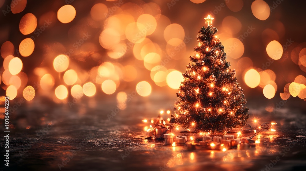 A Small Christmas Tree with Lights and Gifts on a Snowy Surface A Small Christmas Tree with Lights and Gifts on a Snowy Surface