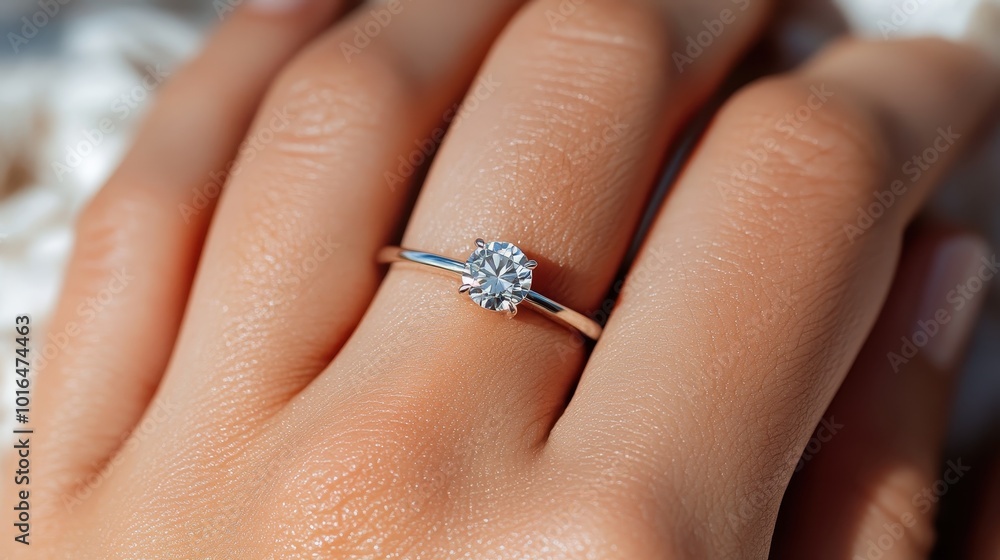Obraz premium A classic solitaire diamond ring is seen on a finger, exuding radiance and elegance, symbolizing timeless love and moments meant to be cherished forever.