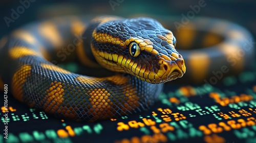 a visual comparison of python and javascript featuring a javascript logo and a python snake image,code in the background.illustration photo