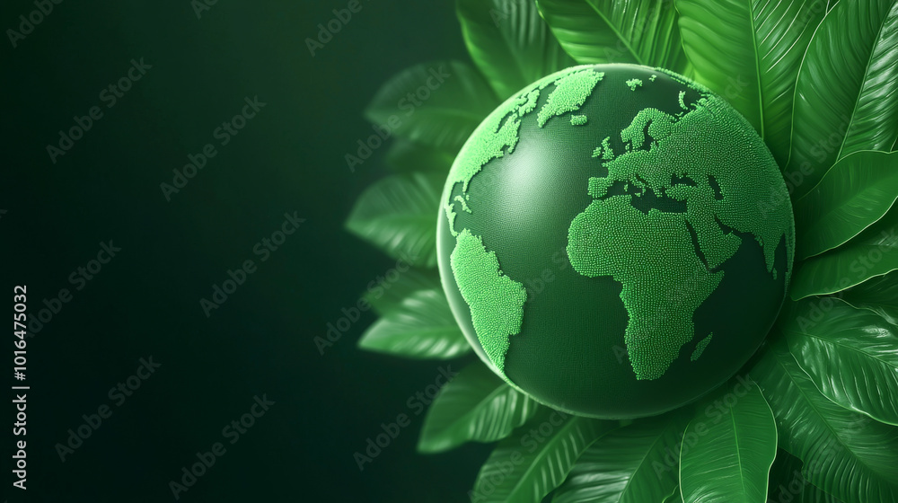 A lush green globe surrounded by vibrant leaves, symbolizing Earth's natural beauty and environmental awareness. A lush green globe surrounded by vibrant leaves, symbolizing Earth's natural beauty and environmental awareness.