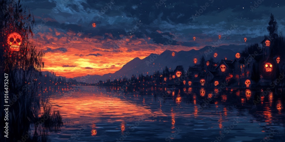 Serene riverside celebration, shimmering festive lights reflected on water, silhouettes of sugar skulls lining the tranquil shore Serene riverside celebration, shimmering festive lights reflected on water, silhouettes of sugar skulls lining the tranquil shore
