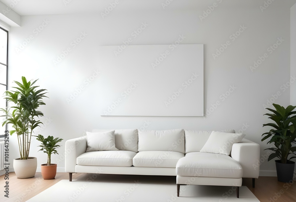 A minimalist living room with a large blank white canvas on the wall, a white sofa, and a potted plant. A minimalist living room with a large blank white canvas on the wall, a white sofa, and a potted plant.