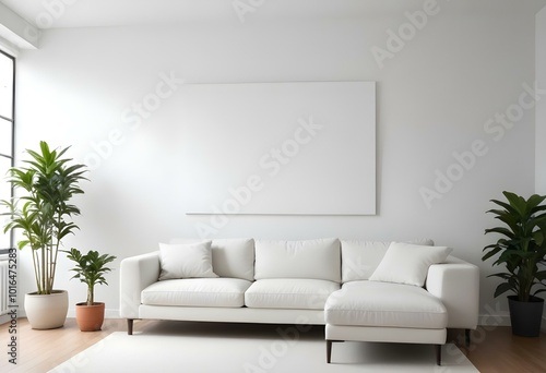 A minimalist living room with a large blank white canvas on the wall, a white sofa, and a potted plant.